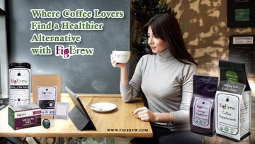 Woman enjoying FigBrew coffee alternative while browsing on a tablet, surrounded by FigBrew products