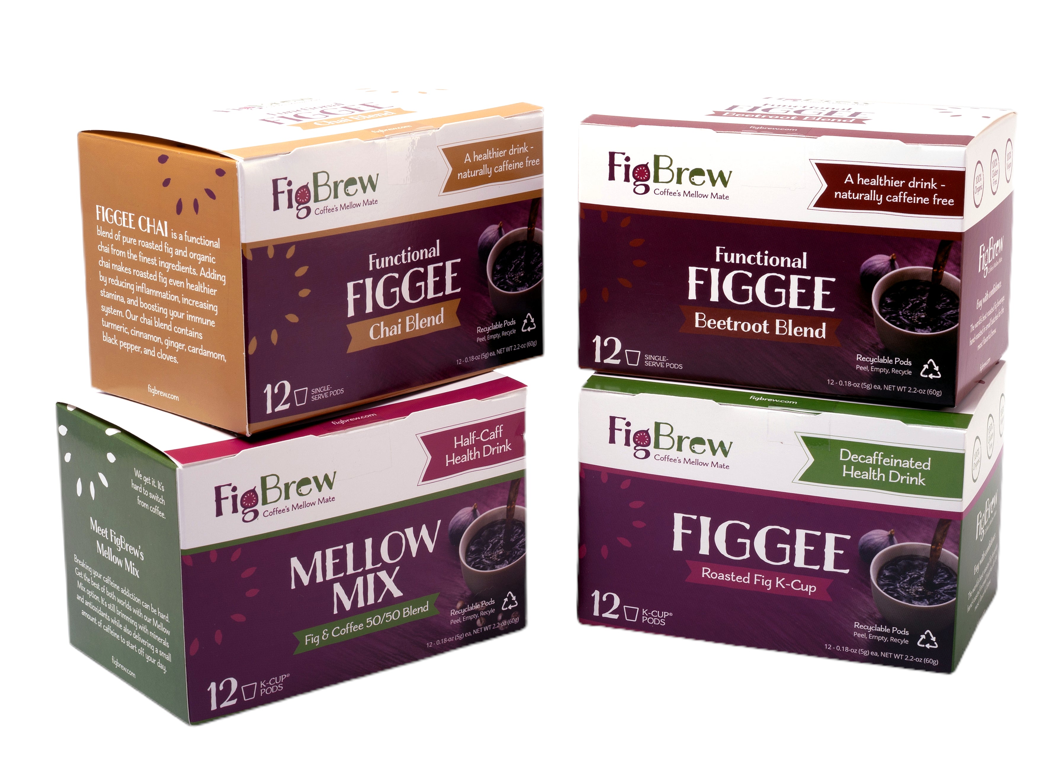 FigBrew Figgee Single-Serve Pods - Roasted Fig - 12 Individual K-Cups - 100% Organic & Gluten Free - Coffee Alternative - Coffee substitute