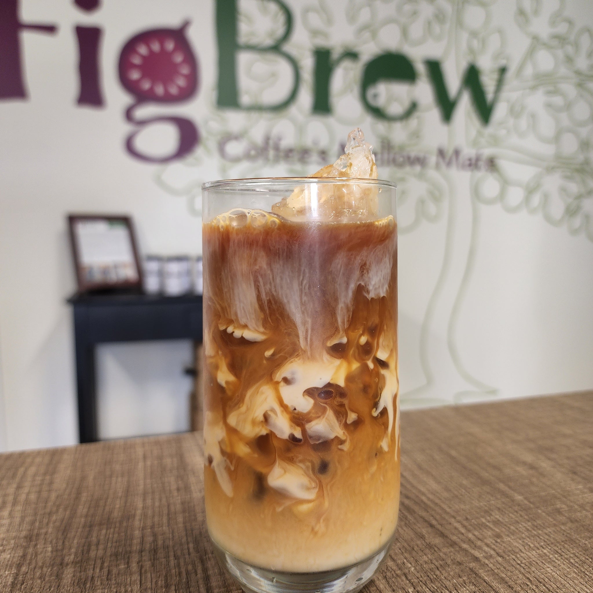 Iced Figbrew coffee alternative beverage with oat milk.