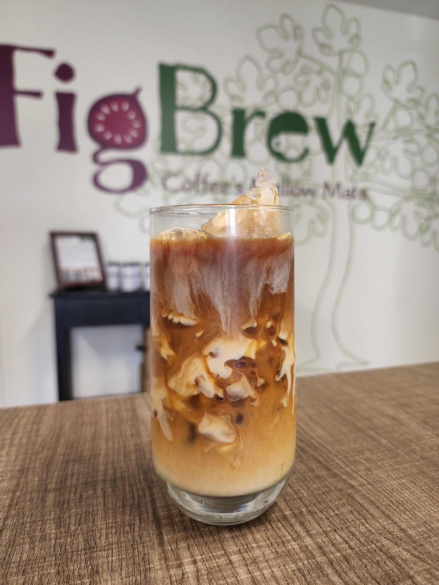 Iced Figbrew coffee alternative beverage with oat milk.