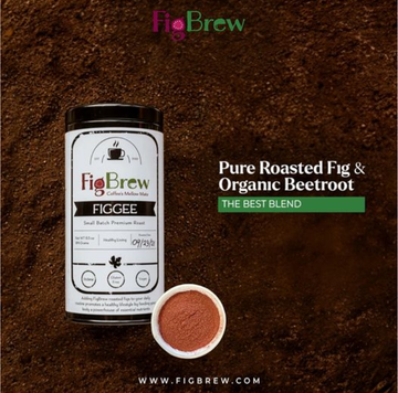 FigBrew Figgee Small Batch Premium Roast with a blend of pure roasted fig and organic beetroot, highlighted against a rich, earthy background.