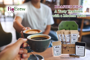 Two people toasting with cups of FigBrew coffee, highlighting a selection of FigBrew products made from roasted figs.