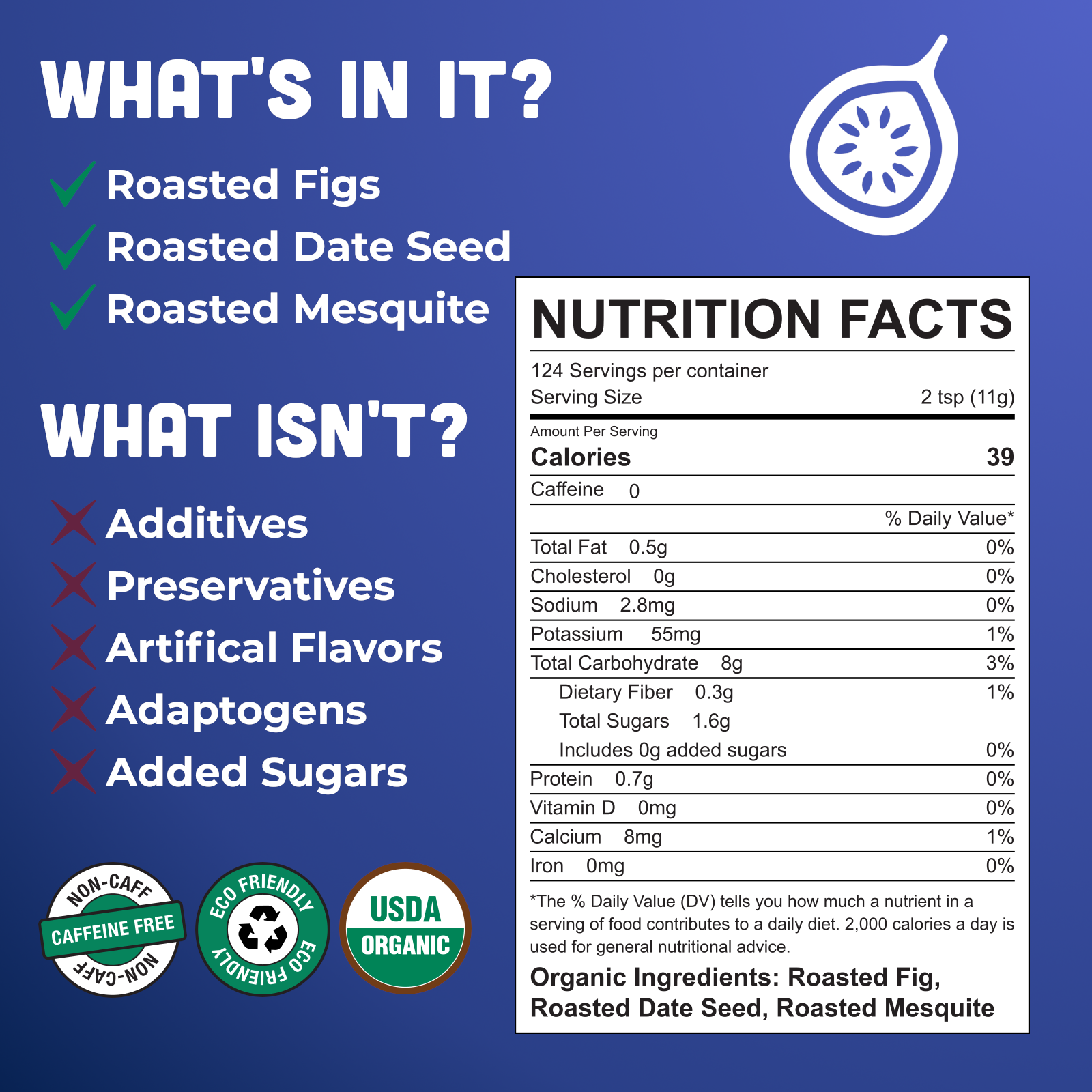 Nutritional information and ingredient list for Morning Prebiotic 3lb bag on a blue background
