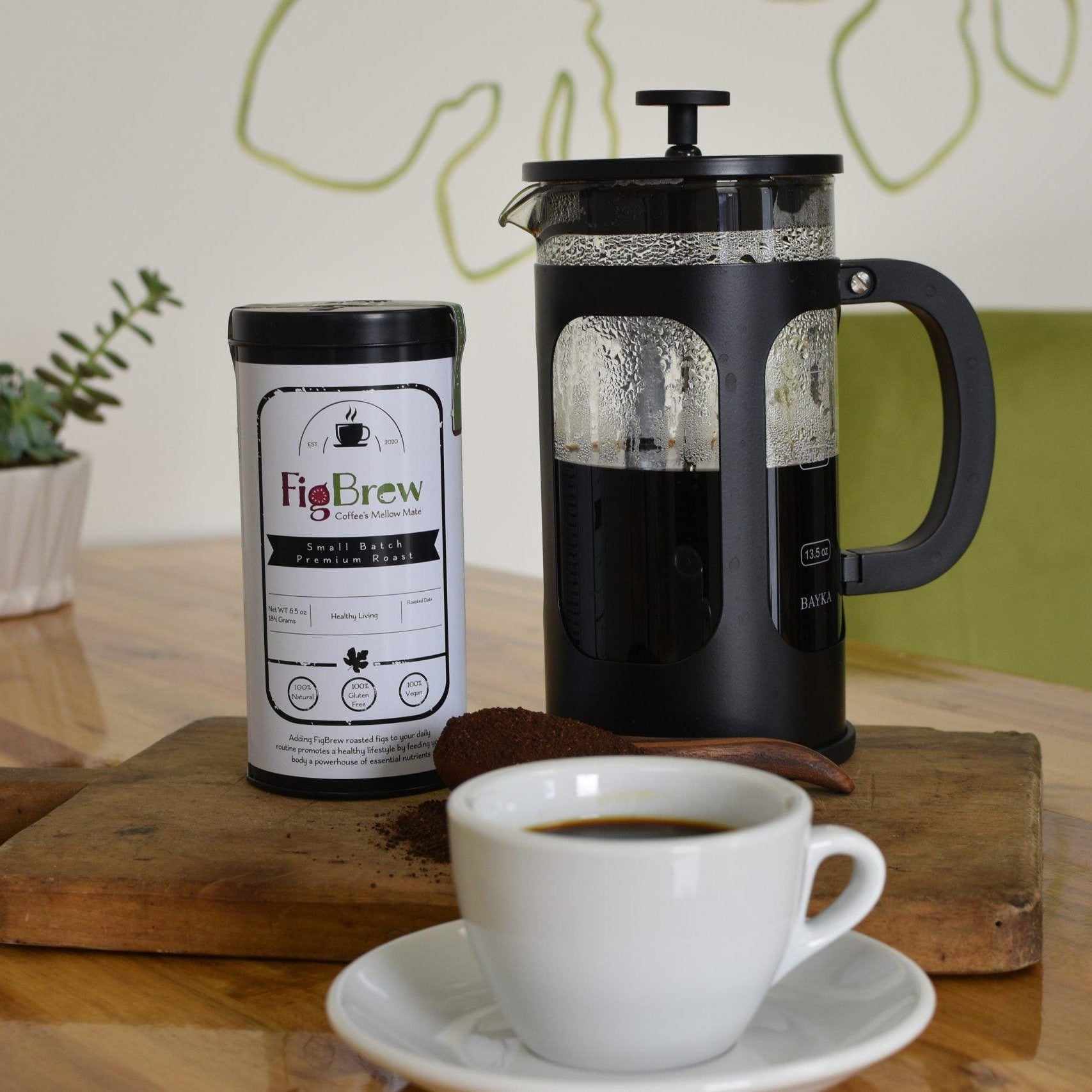 FigBrew Mellow Mix, coffee press and coffee mug